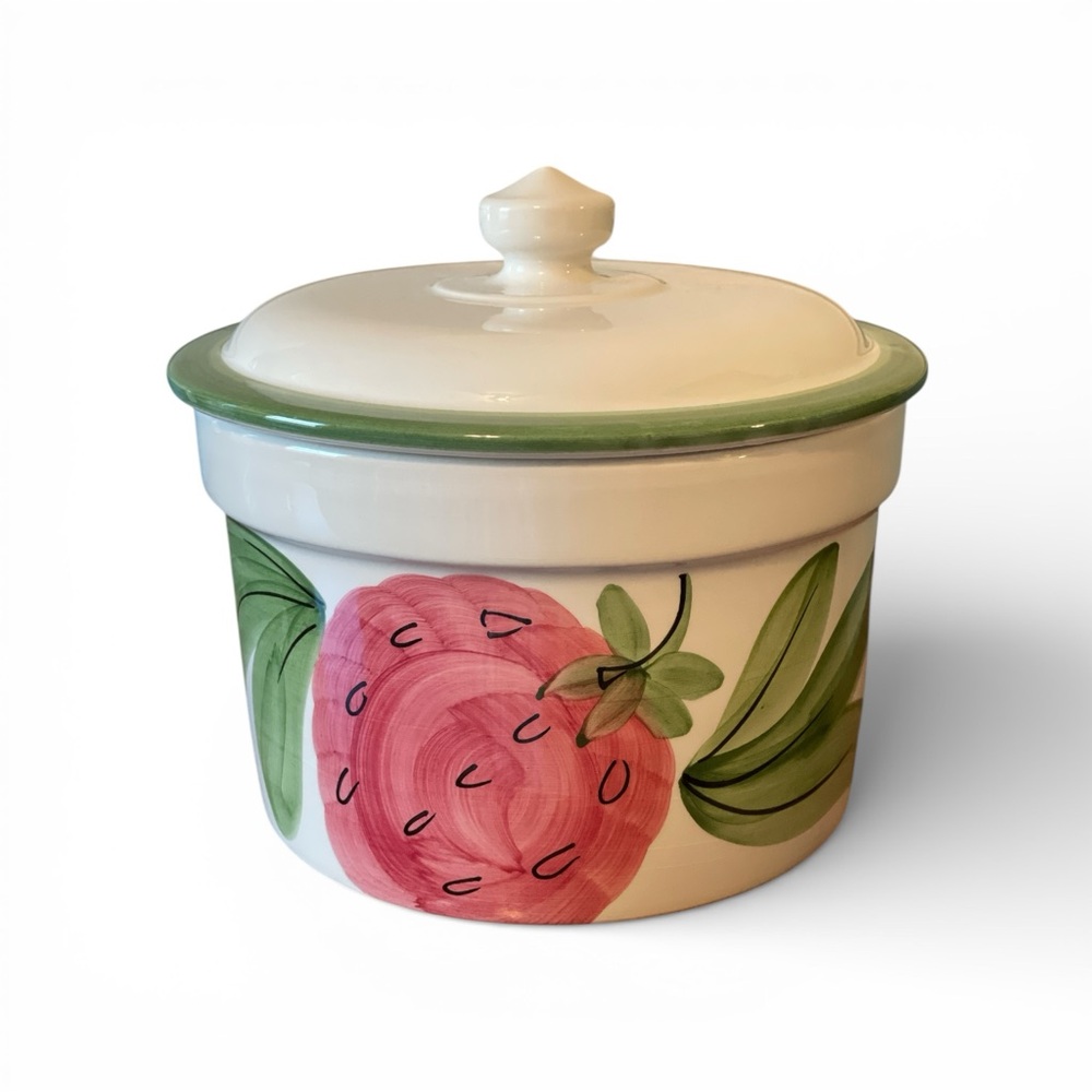 Serving dish & lid from Italy stamped Ceramiche Toscane. Strawberry design.